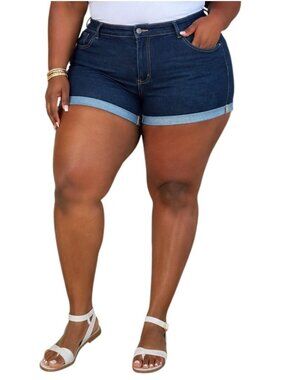 Bloomchic Plus Size 26 Shorts Denim Dark Wash Mid Rise Rolled Hem